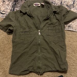 Classic Olive Short Sleeve Zip-Up Top